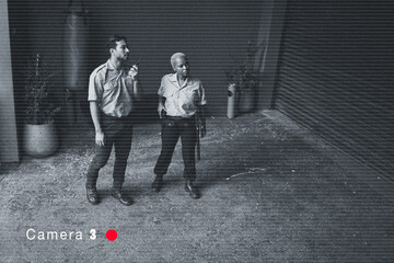 Surveillance, night and police for security and crime together for search of property. Serious,...