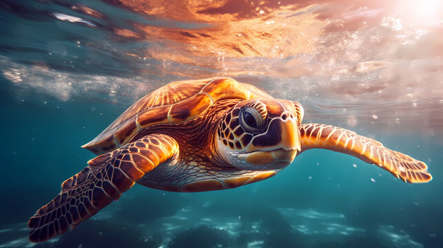Sea turtle swimming underwater in the ocean