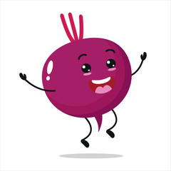 Cute happy beet character. Celebration jump beet cartoon emoticon in flat style. vegetable emoji vector illustration