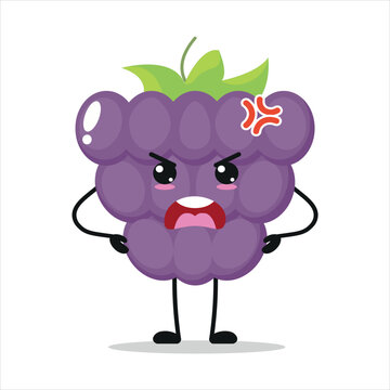 Cute Angry Grape Character. Funny Mad Grape Cartoon Emoticon In Flat Style. Fruit Emoji Vector Illustration