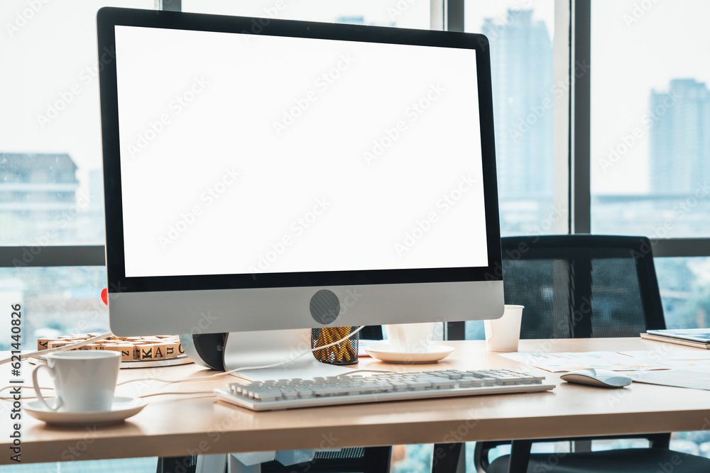 Poster empty computer monitor screen for design mock up template in modern small office interior or home of