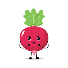 Cute gloomy radish character. Funny sad radish cartoon emoticon in flat style. vegetable emoji vector illustration