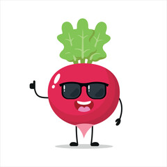 Cute happy radish character wear sunglasses. Funny radish greet friend cartoon emoticon in flat style. vegetable emoji vector illustration