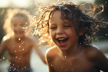 Fototapeta premium kids playing in water summer lomo photo made with generative ai