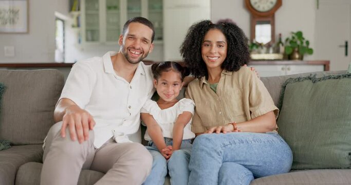 Family, parents with child and relax on sofa with happiness, portrait and people together at home. Support, care and love, man and woman with girl kid in living room, relationship and bonding
