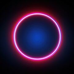 Obraz premium Neon blue pink round frame ring, circle shape glowing light with dark background. 80's retro style, copy space