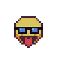 Smile in blue glasses shows tongue pixel art icon, tease emoticon, cute face, cartoon character. 8-bit style. Isolated abstract colorful vector illustration. 