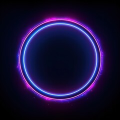 Neon blue pink round frame ring, circle shape glowing light with dark background. 80's retro style, copy space