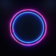 Neon blue pink round frame ring, circle shape glowing light with dark background. 80's retro style, copy space