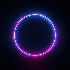 Obraz premium Neon blue pink round frame ring, circle shape glowing light with dark background. 80's retro style, copy space