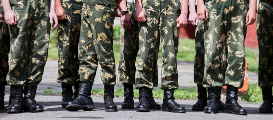 Russian military detachment of border guards stands on the street.