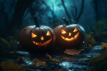 Fototapeta premium Anthropomorphic pumpkin face with spooky illumination for Halloween celebration.