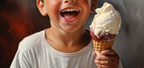 Un niño feliz comiendo un helado de vainilla