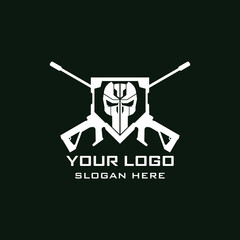 Military Skull Logo. Skull Tactical military armory squadrone team in shield with gun rifle weapon logo template