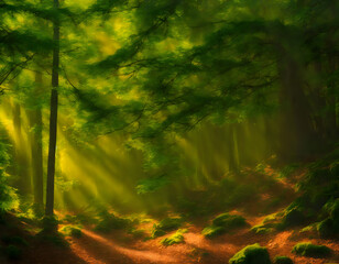 green forest in the morning,  ray, fall, misty, sunset, rays, wood, leaf, AI generated