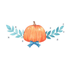 Pumpkin, bow , bunch of leaves and glitter ster border watercolor illustration for decoration on Halloween and Thanksgiving festival. © beelaa