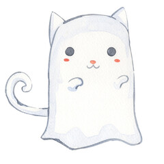 White cat ghost cartoon character watercolor illustration for decoration on Halloween festical and cute pet concept.