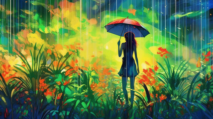  girl in the rain among the jungle and flowers