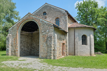 Ancient church (probably 9th century). Castelseprio, Italy and the church of Santa Maria Foris Porta at the monumental Longobard complex in the archaeology park of Castelseprio, UNESCO Site