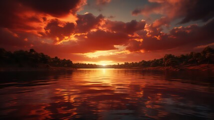 Fototapeta na wymiar Mirrored Sunset Calm Lake Reflecting the Setting Sun