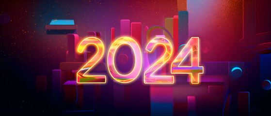 Happy New Year 2024. Beautiful new city holiday background with fireworks, text effect, and neon color style for the new year 2024. Generative AI.