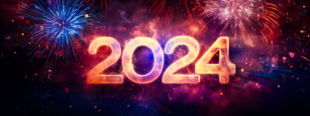 Happy New Year 2024. Beautiful creative holiday background with fireworks for the new year 2024. Generative AI.