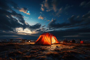 Camping in the night underneath a beautiful sky