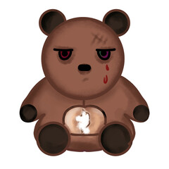 Haunted Lonely Bear Doll with Bloody Tears on Scary Face  