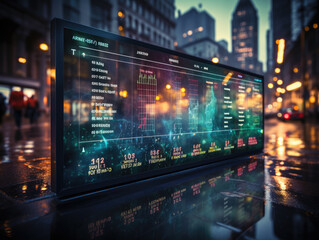 On the street, a display screen board showcasing the financial stock exchange market with selective focus. Generative AI..