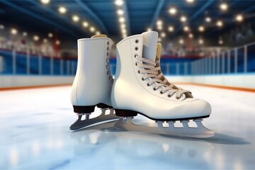 A pair of ice skates on an ice rink - obrazy, fototapety, plakaty