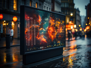Selective focus on the street: a display screen board presenting the financial stock exchange market. Generative AI..