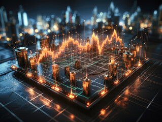 Trading chart concept featuring a Forex candlestick pattern. 3D rendering of financial market chart and world map. Generative AI