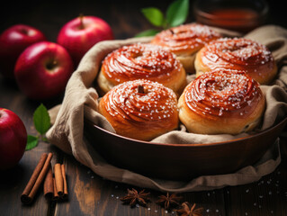 Fresh homemade rolls buns with apples and cinnamon in glaze placed on a table with a natural linen tablecloth. Top view flat lay background. Generative AI..
