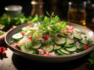 A healthy vegetarian food choice, the fresh vegan vegetable salad includes radish, cucumbers, lettuce, dill, and green onion. Generative AI..