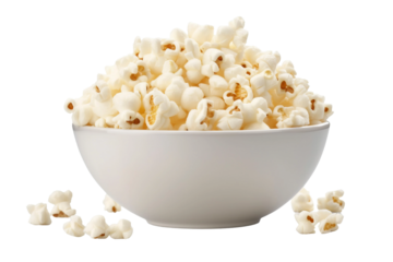 A bowl of fluffy white popcorn. isolated object, transparent background