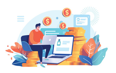 Affiliate Marketing Concept. Character sitting with laptop and making money. 