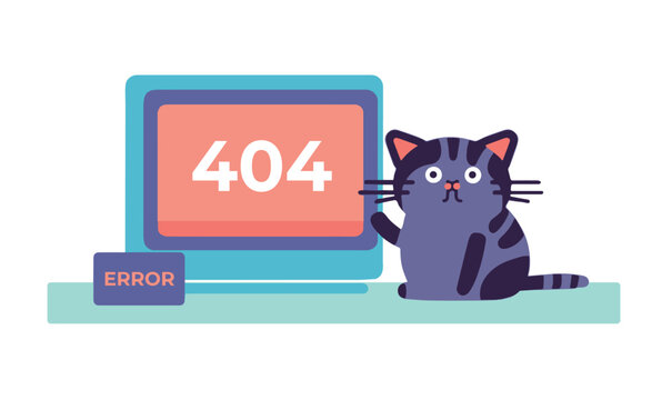 Cute cartoon kawaii cat 404 error, page not found. Webpage failure. Flat vector illustration isolated on white background.