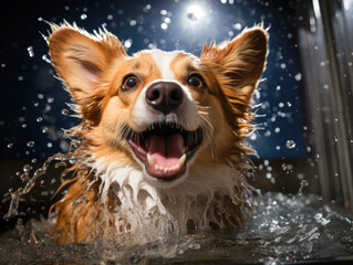 In a grooming salon, a funny portrait captures a Welsh Corgi Pembroke dog showering with shampoo. Watch the dog enjoy a bubble bath! Generative AI..