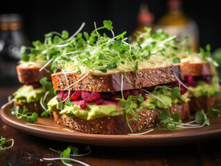 Gluten-free vegan sandwiches with raw vegetables, sprouts, and beet hummus. Soft focus. Generative AI..
