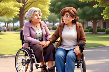 Two elderly women in wheelchairs in the park communicate with each other in a 3d cartoon style