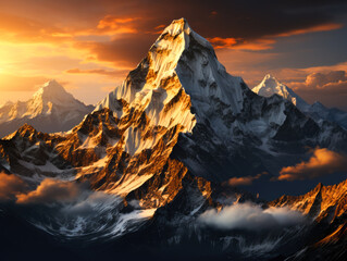 Experience the sublime grandeur of nature as the sun sets behind the magnificent Ama Dablam peak (6856 m) in the Himalayas of Nepal. Generative AI..