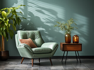 Transform your living room into a haven of sophistication with the combination of a green armchair against a vibrant blue wall. Add artistic flair with a captivating silver painting Generative AI..