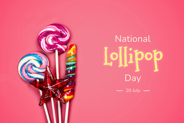 Assortment of Tasty colorful lollipops. Colorful candy background. National Lollipop Day, july 20 background. Top view