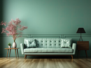 On wood floor - interior, green mint wall with sofa and sideboard. Generative AI..