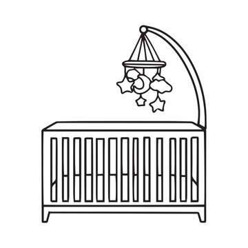  Baby cot line icon. Small bed for toddlers. Newborn cot. Baby products. Childhood concept. 