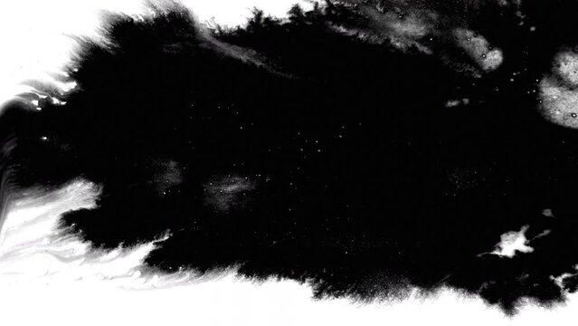 Black ink abstract background artistic flow splatter spots spills white paper beautiful reveal dripping streaks spread fluid ink alpha matte isolated watercolor ink drops transition	

