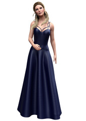 3D Blond girl in blue evening dress