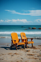 Fototapeta na wymiar Wooden Chairs Placed on the Beach - Generative AI