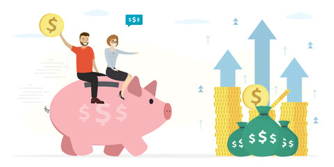 Smart people ride piggy bank to wealth. Protection of savings. Love couple searching way to profit and dividends. Good money management, direction to profit, passive income.