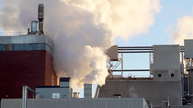Hot Glowing colorful Smoke Plume sunlit while emitting Greenhouse gas into atmosphere during late evening from Paper mill Industry at Pitea Sweden.